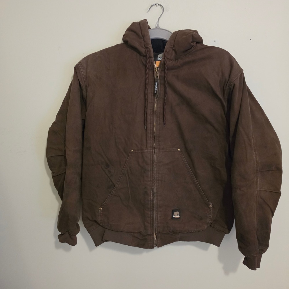 Berne Hooded Work Jacket Mens XL Brown Duck Canvas Quilted Lined Utility